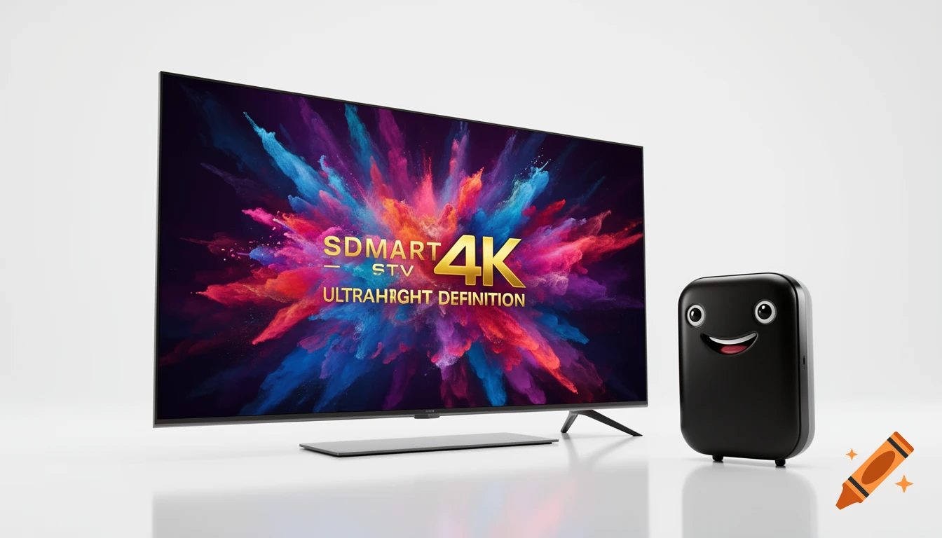 A sleek black smart TV with a colorful explosive graphic on screen, alongside a smiling black media box mascot on a white background.