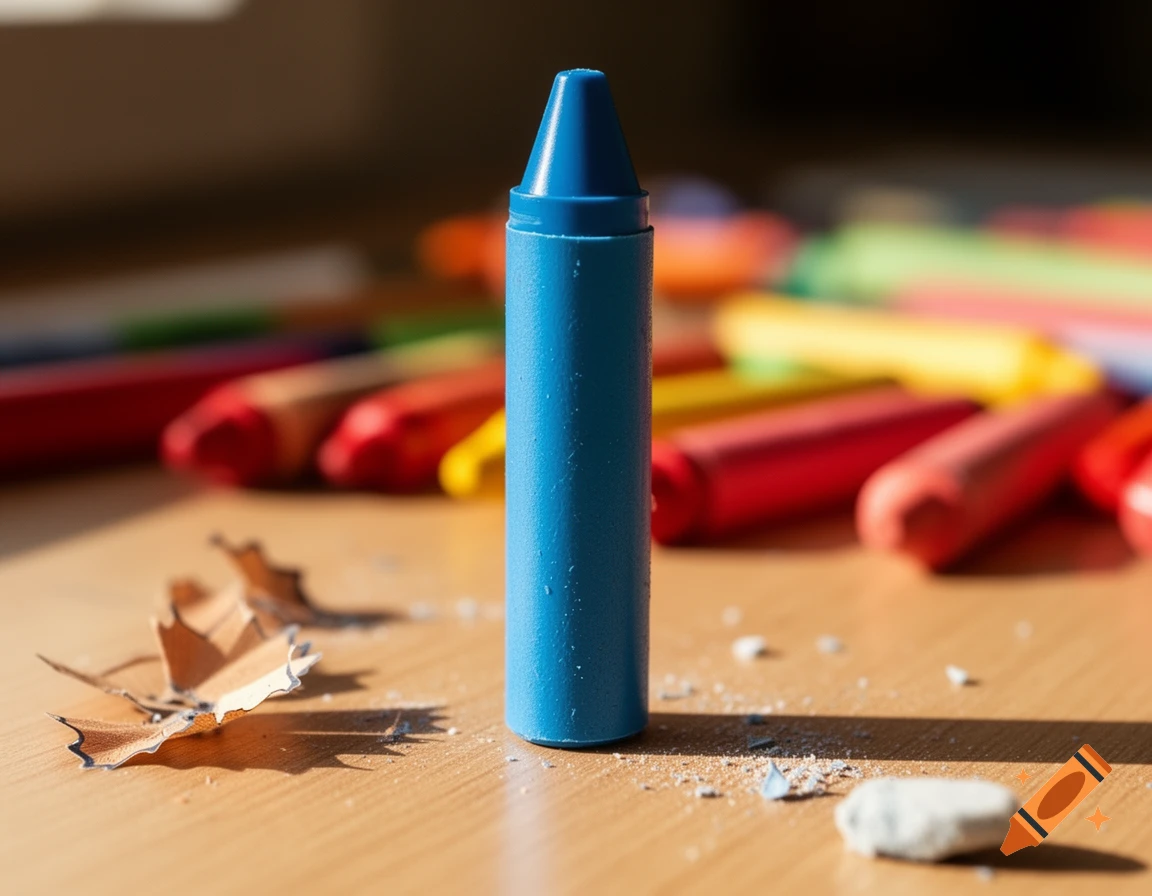 A blue crayon stands upright on a wooden surface with crayon shavings and other colorful, blurry crayons in the background, bathed in sunlight.