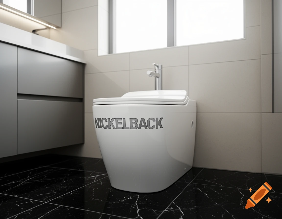 Photorealistic image of a white bidet branded with 'NICKELBACK' text in a modern bathroom.