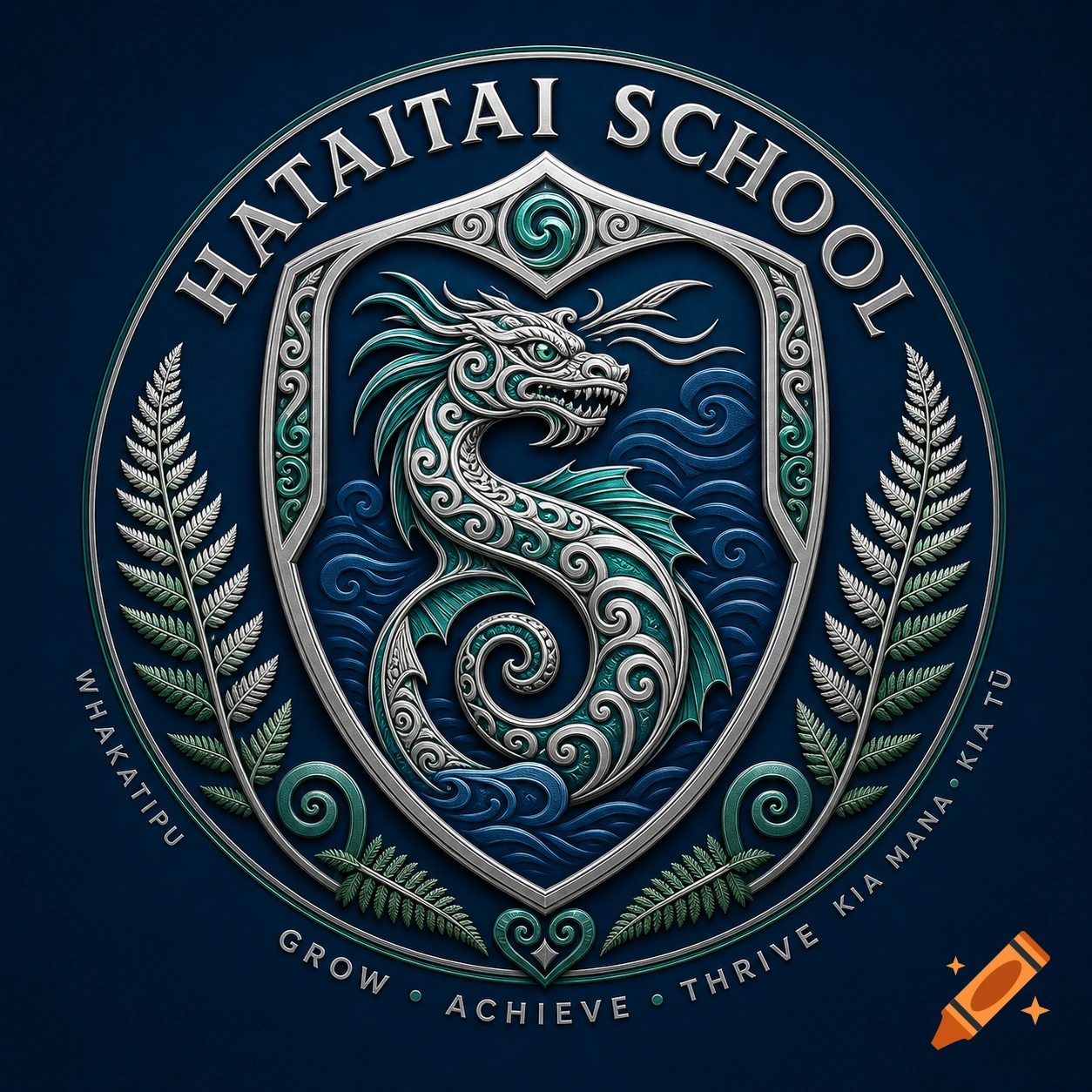 A metallic blue and silver school logo featuring a stylized Taniwha within a shield, flanked by ferns, with "HATAITAI SCHOOL" and motto text.