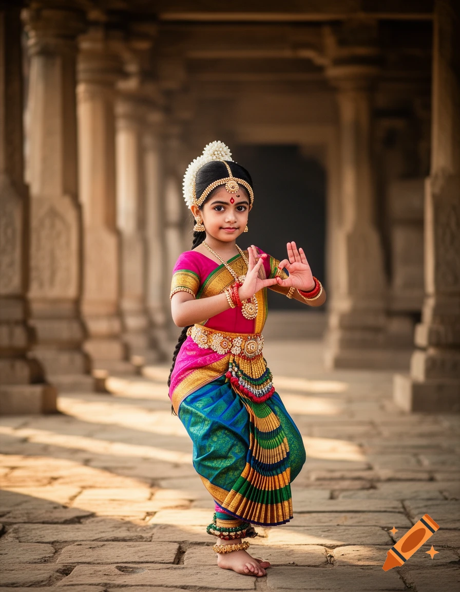 A young girl in a colorful traditional Bharatanatyam dance costume and ornate jewelry poses in a stone temple corridor. Photorealistic.