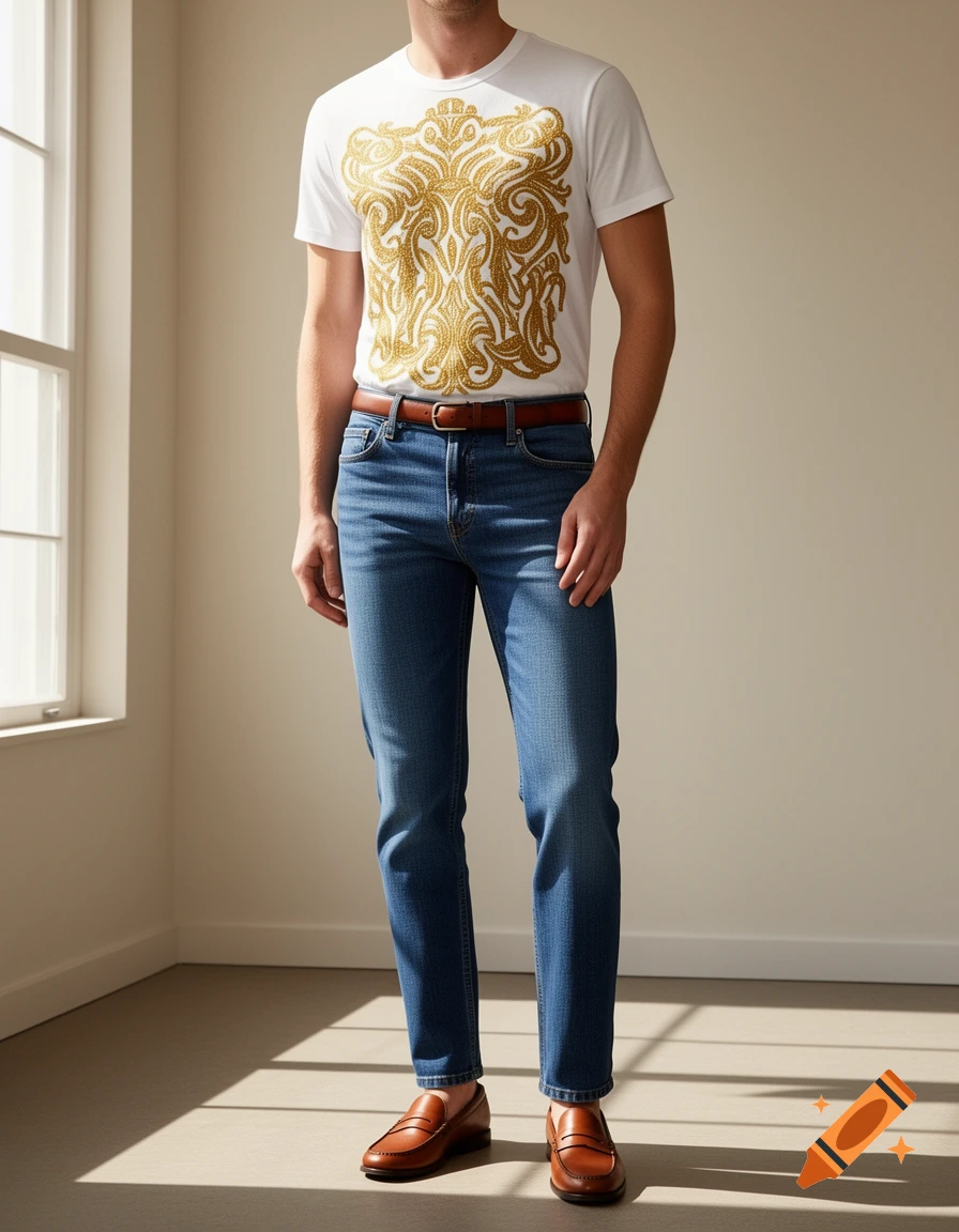 A man stands in a room, wearing a white t-shirt with a gold ornate design, blue jeans, a brown belt, and brown loafers.