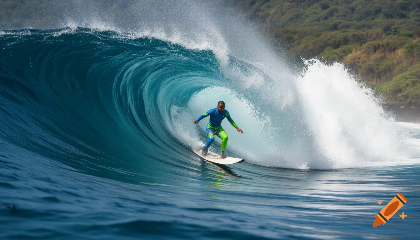 A surfer in a blue and green wetsuit rides a large, curling blue wave, with lush green land in the background.
