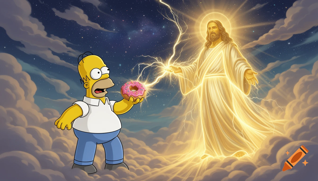 Homer Simpson offering a pink donut to a glowing Jesus Christ amidst clouds in a starry night sky, cartoon style.