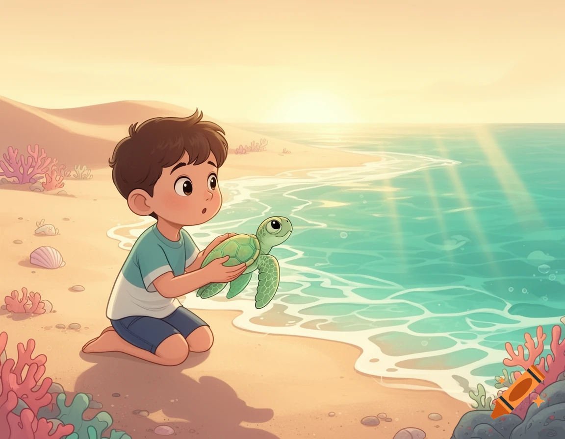 A boy kneels on a sandy beach, gently holding a small green sea turtle as waves lap the shore under a warm, soft sky in a children's book illustration style.