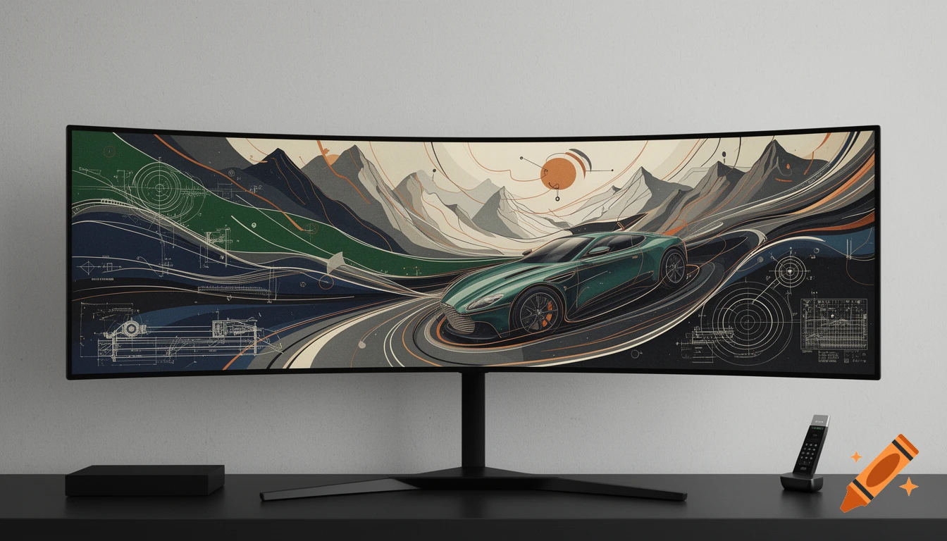 A curved ultrawide monitor displays abstract art of a green sports car on a road with mountains and technical diagrams, sitting on a desk.