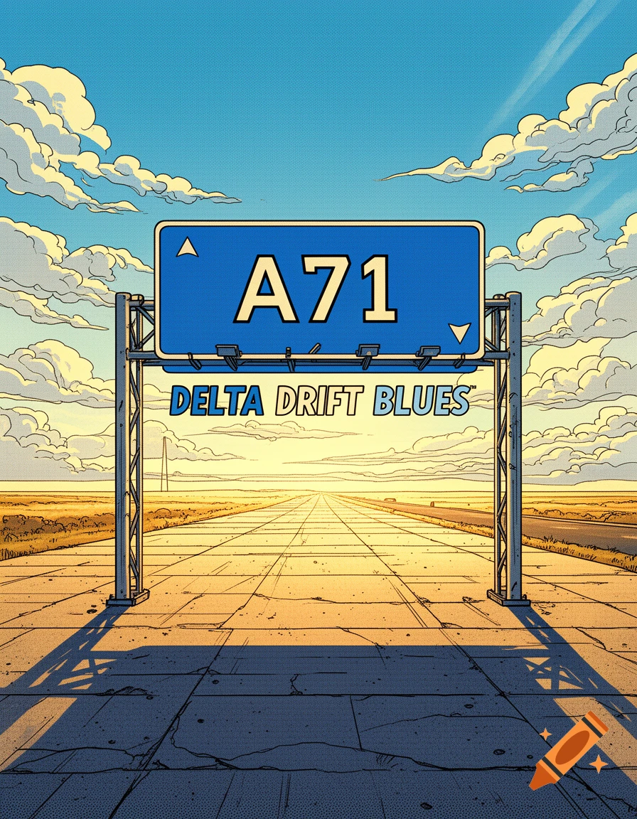Comic book style image of a blue highway sign with text 'A71' and 'DELTA DRIFT BLUES' on an empty road at sunset.