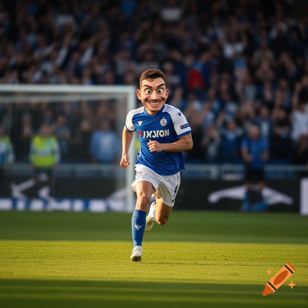 A photorealistic image of a soccer player with a cartoonishly large, distorted face running on a green field in a stadium.