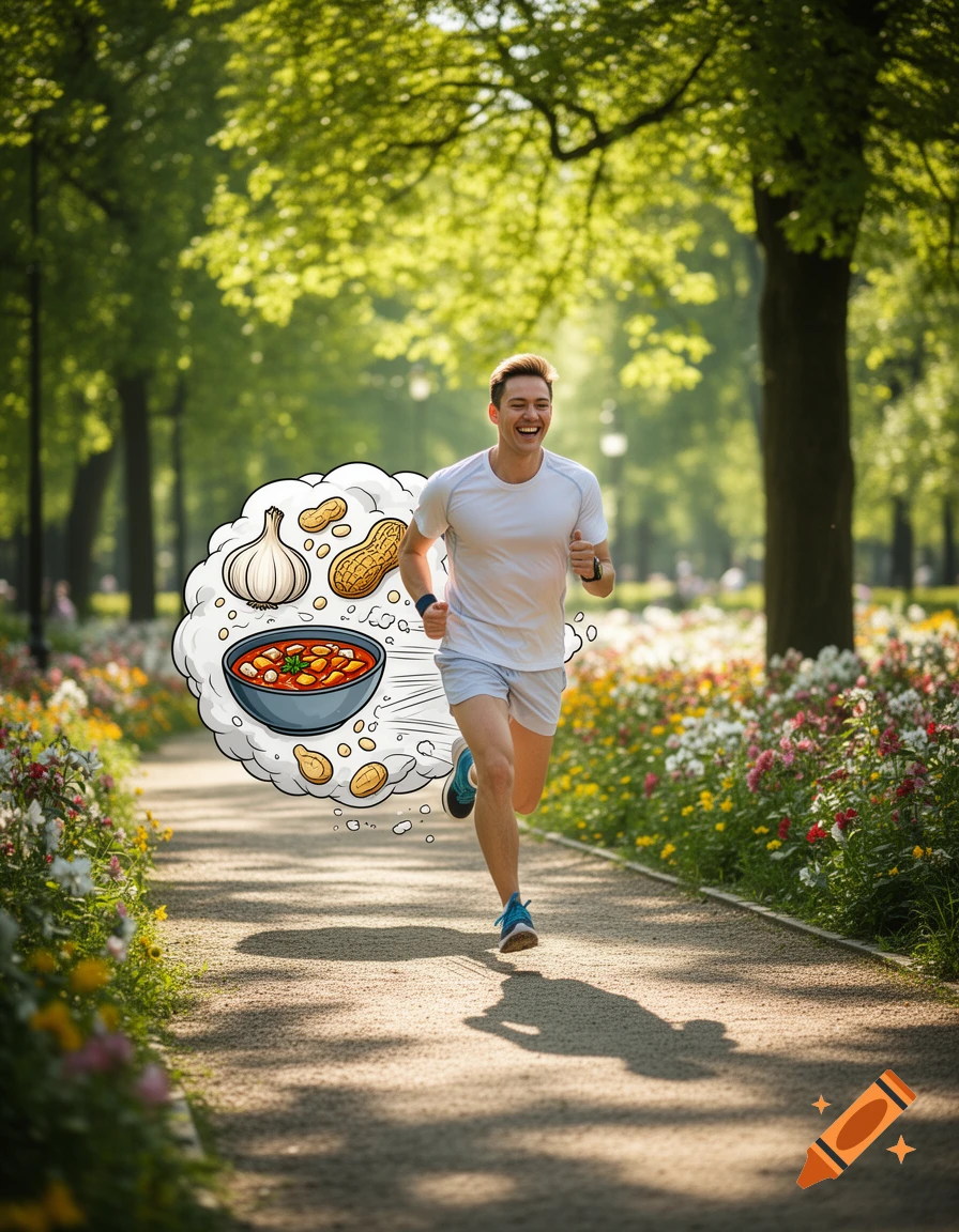 A smiling man jogs through a sunny park, with a thought bubble showing garlic, peanuts, and mapo tofu beside him.