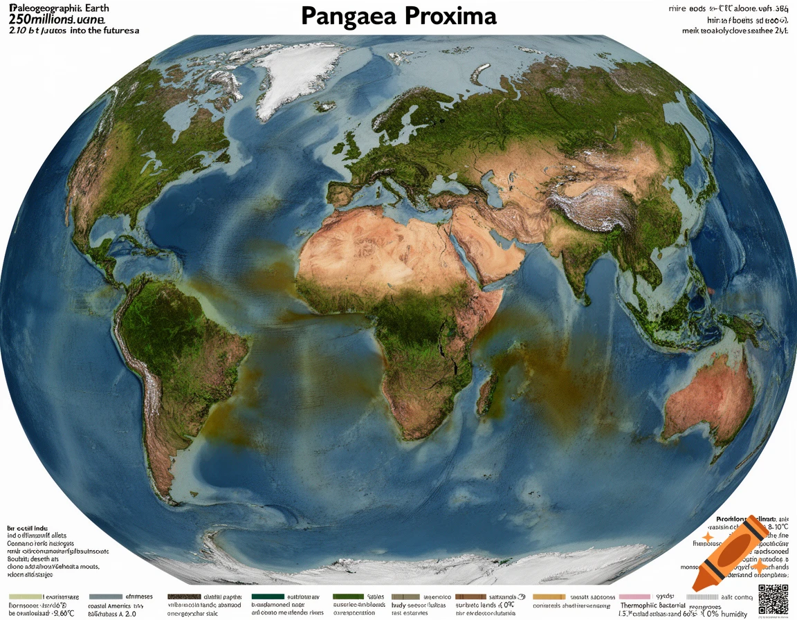 Paleogeographic map of Earth 250 million years in the future, showing the supercontinent Pangaea Proxima from a top-down view.