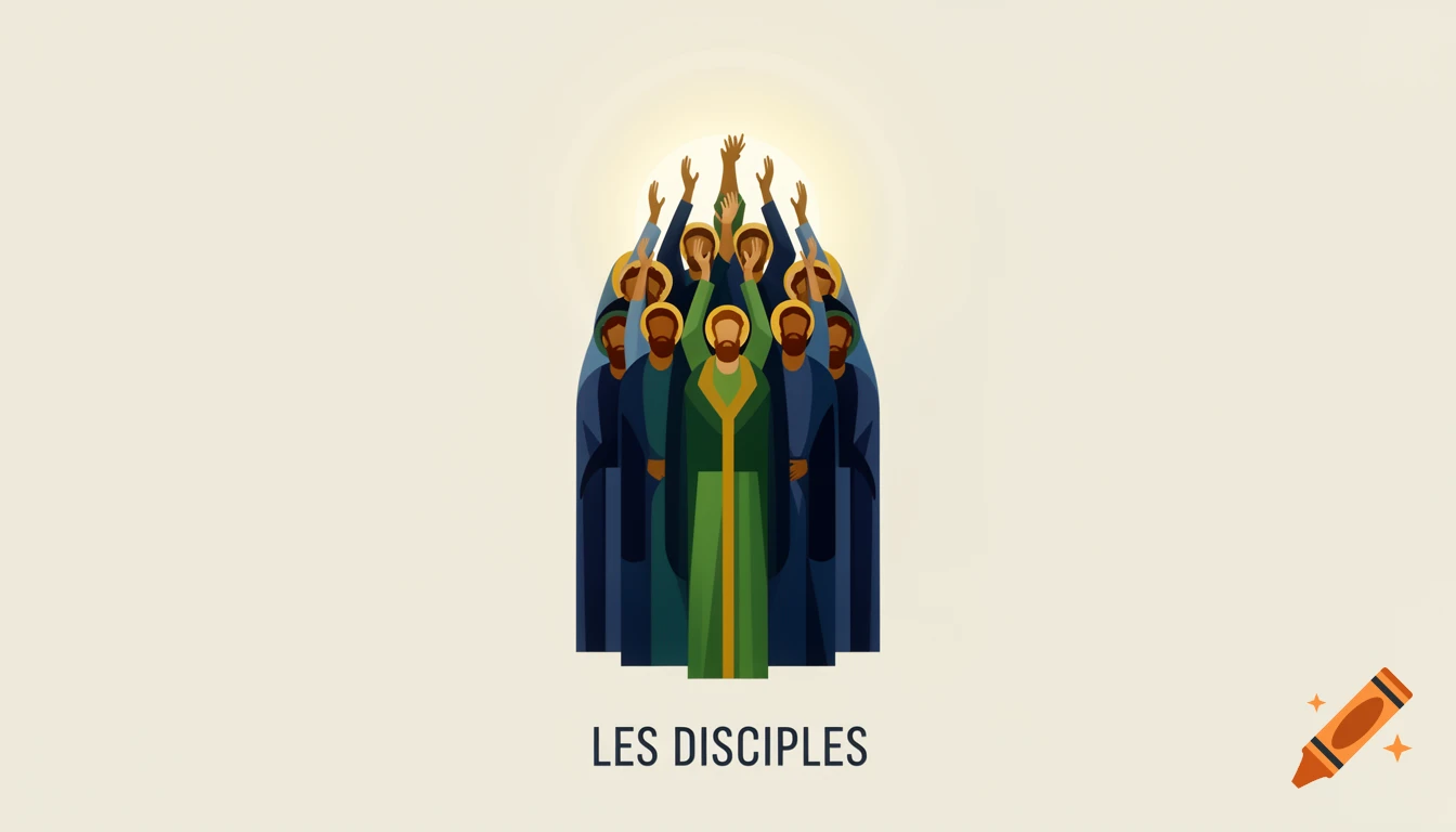 Minimalist illustration of a group of disciples looking up with raised hands, below them is the text 'LES DISCIPLES'.