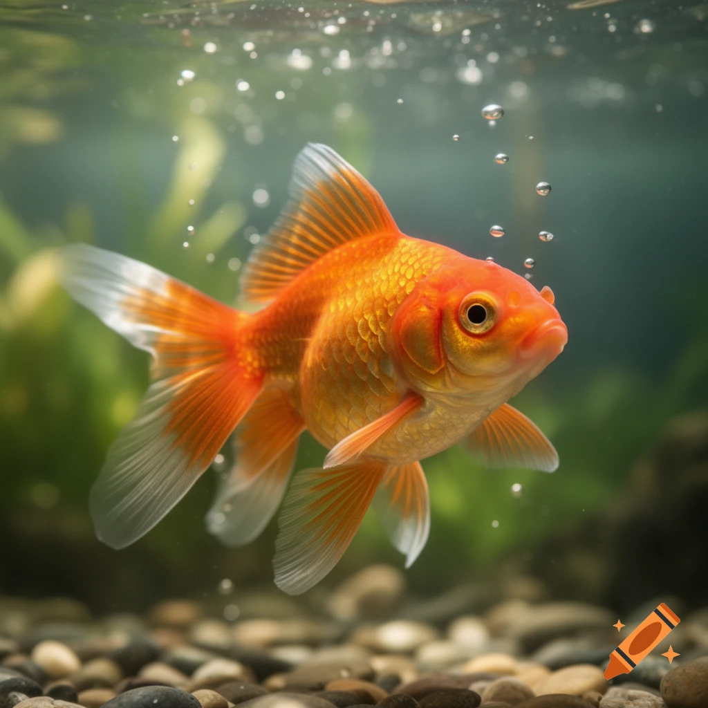 A vibrant orange goldfish with white-tipped fins swims in an aquarium, with small bubbles floating and gravel below.