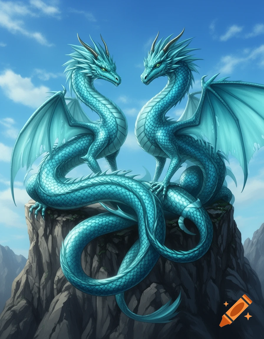 Two majestic aqua dragons with wings perched on a craggy mountain peak under a bright blue sky, digital art.