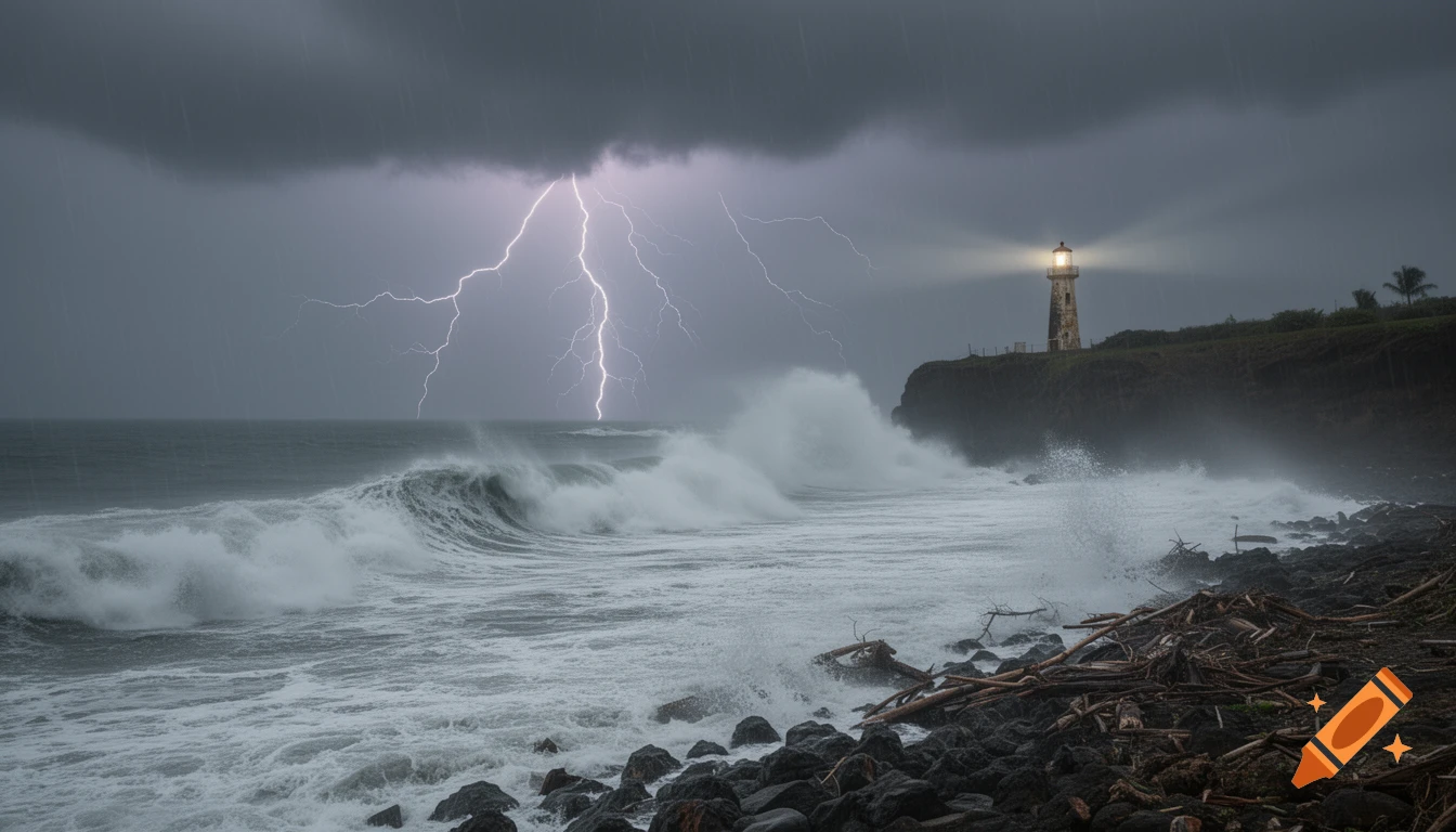 A dramatic photorealistic stormy seascape with lightning over a turbulent ocean, a lighthouse on a cliff, and crashing waves.