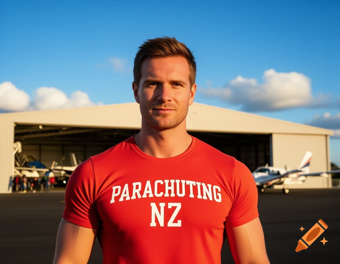 A man in a red 'PARACHUTING NZ' t-shirt stands in front of an airplane hangar under a blue sky, photorealistic.