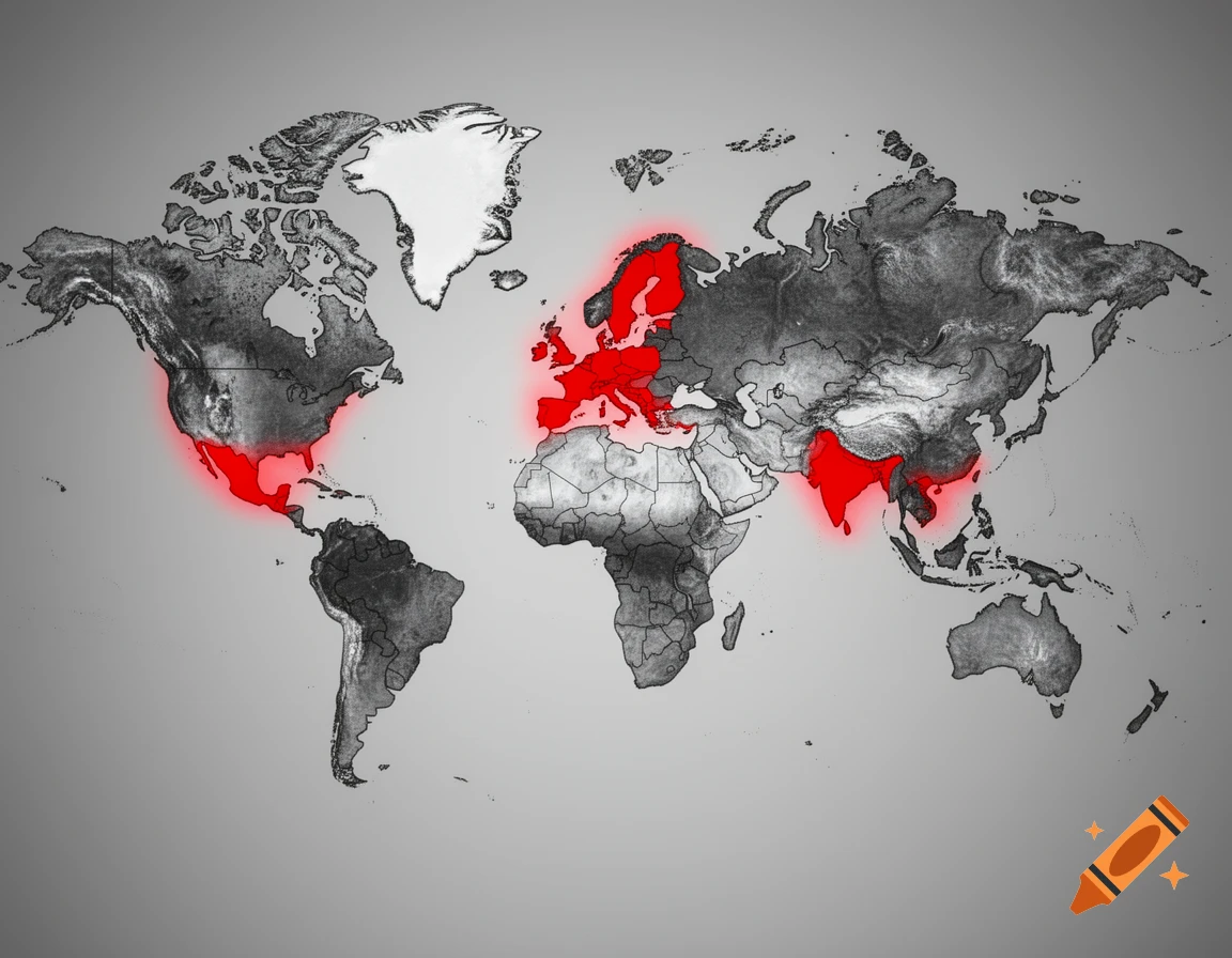 A black and white world map with Mexico, parts of Europe, and India highlighted in red.