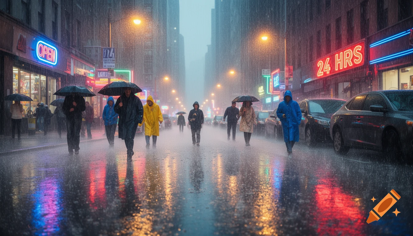 Photorealistic image of people walking with umbrellas on a rainy city street at night, with neon lights reflecting on the wet pavement.