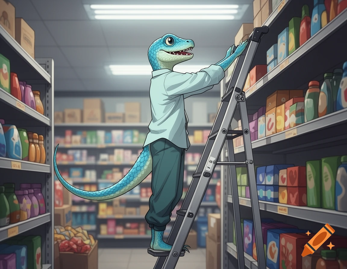 A cyan anthropomorphic lizard climbs a ladder to restock shelves in an anime-style convenience store.