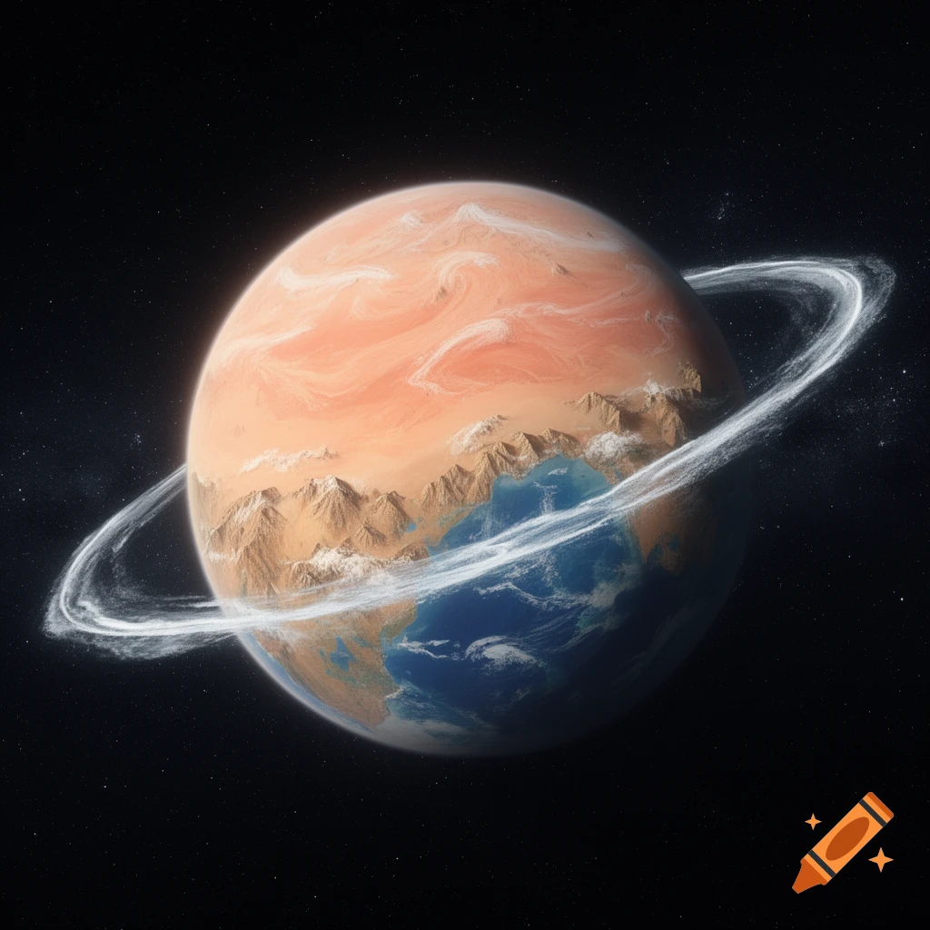 A peach and blue planet with landmasses and a luminous white ring against a starry black space background.
