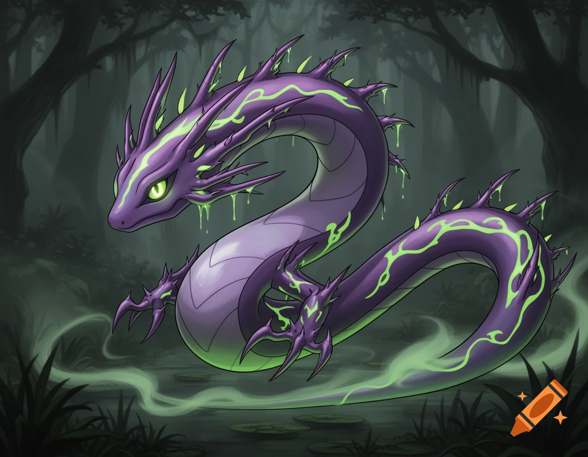 A stylized purple dragon-like creature with green glowing eyes, spikes, and dripping slime, in a dark, misty swamp.