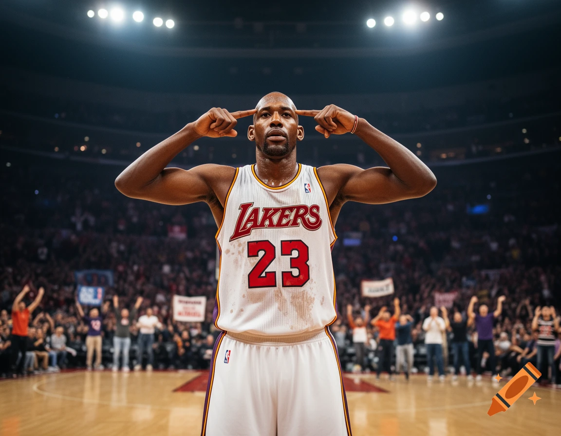A bald basketball player in a white Lakers jersey points to his head with both index fingers on a bright court.