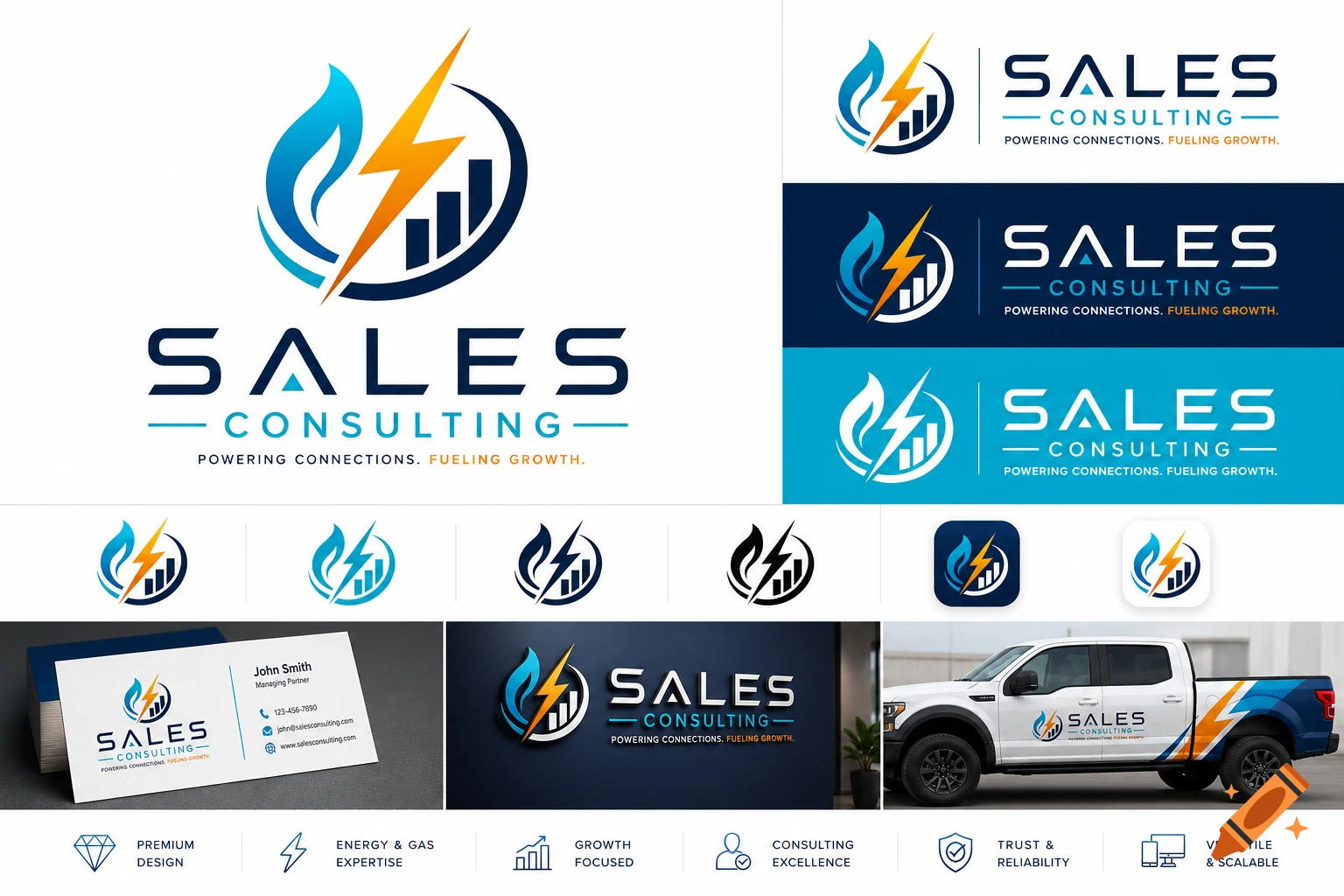 Multiple variations of a blue, orange, and white logo for 'Sales Consulting', featuring a flame, lightning bolt, and bar chart, displayed on business cards and a white truck.