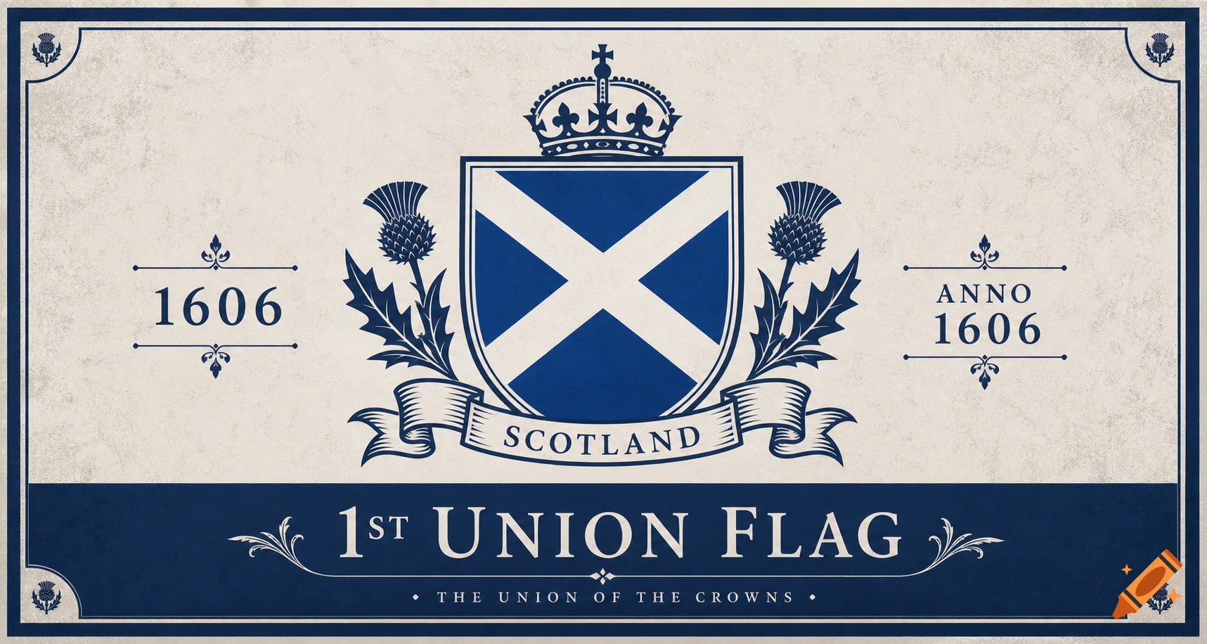 A stylized historical emblem on a textured background, featuring the Scottish flag shield with a crown, thistles, and text 'SCOTLAND', '1ST UNION FLAG', and dates '1606'.