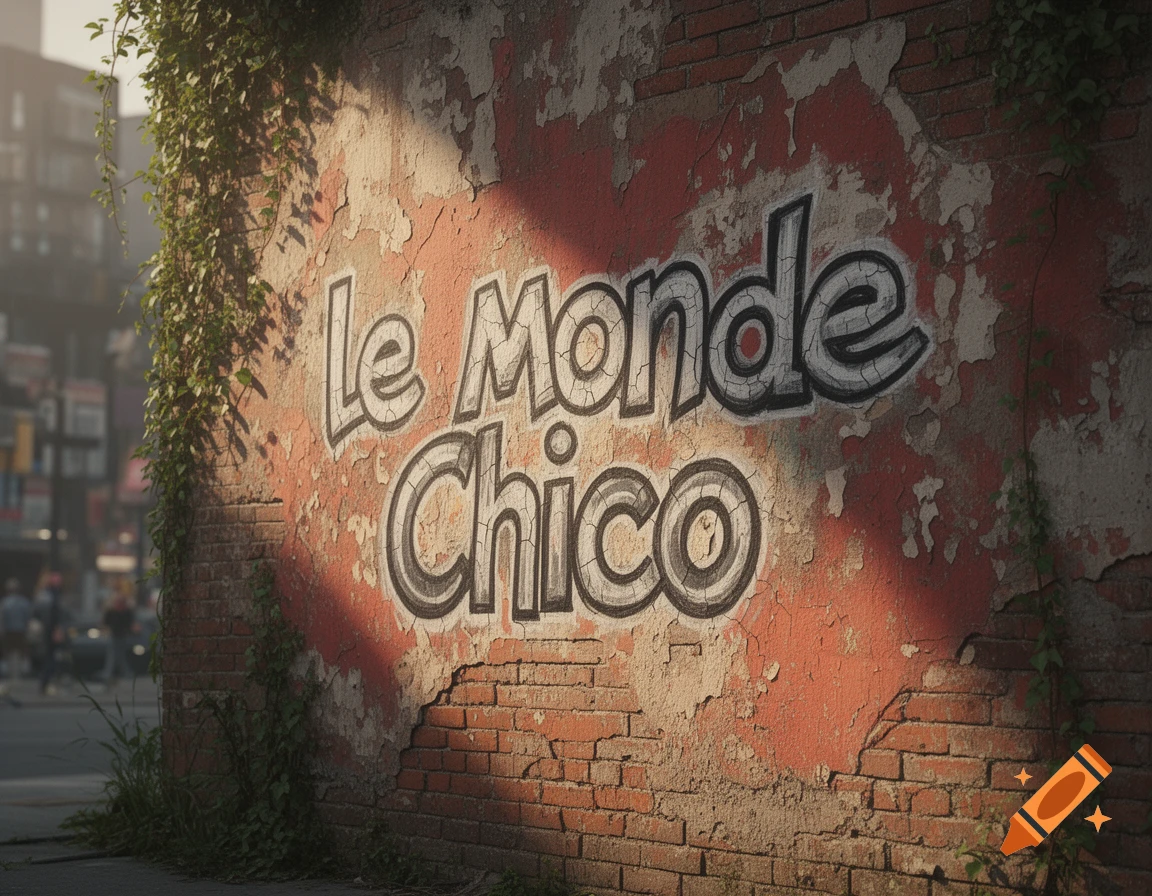 Photorealistic image of "Le Monde Chico" graffiti on a weathered, peeling red brick wall with green vines in an urban setting.