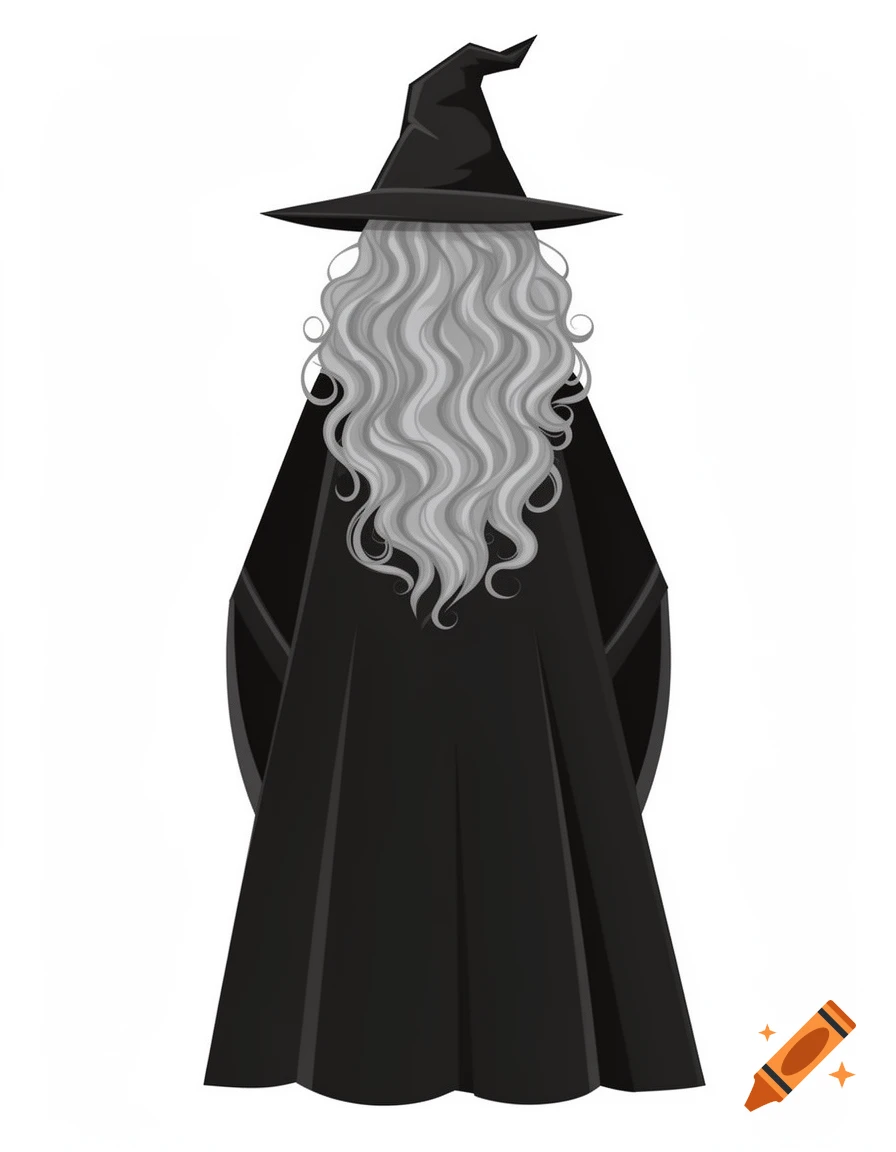 Illustration of a witch from behind, wearing a black hat and cloak, with long wavy gray hair.