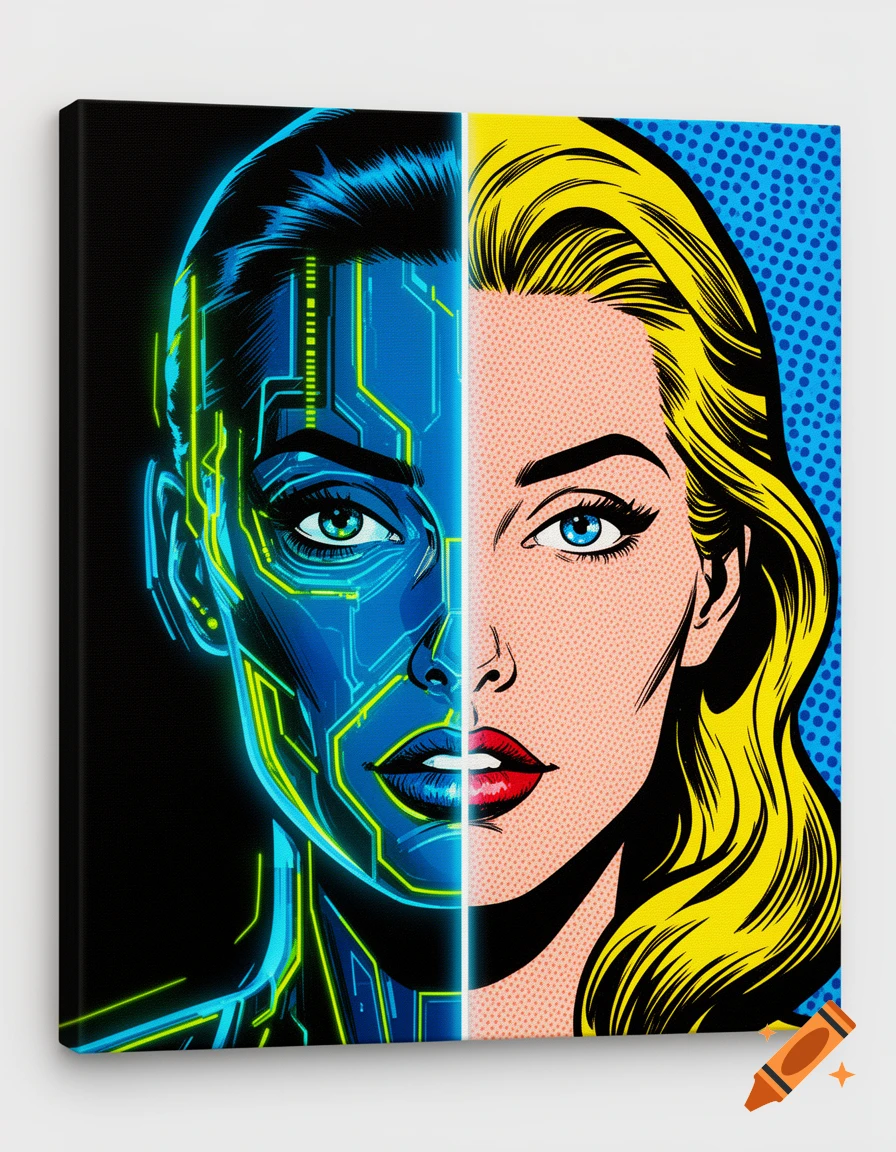 A woman's face split in half; the left side is futuristic neon circuitry, and the right side is classic pop art with yellow hair.