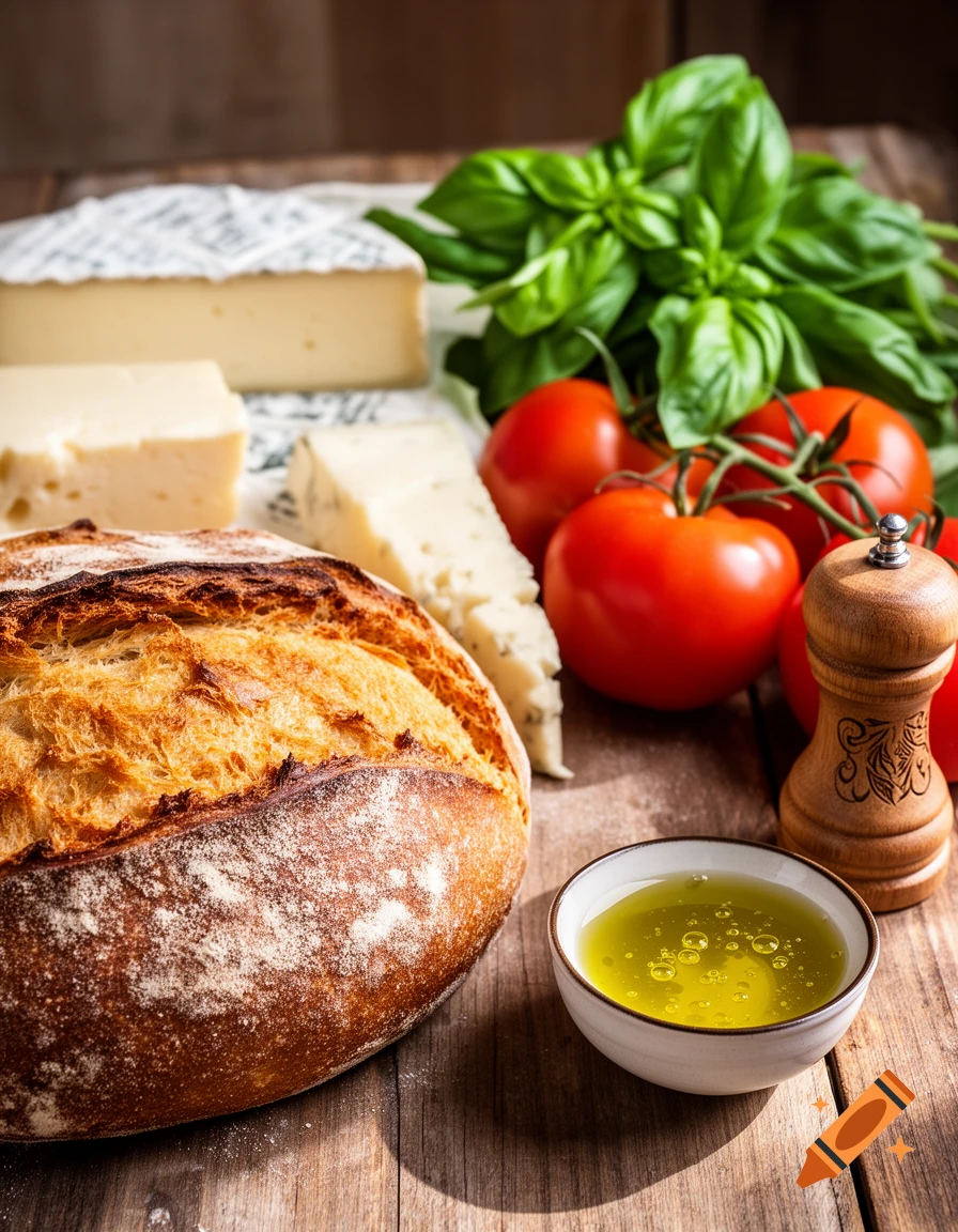 A rustic still life featuring a round loaf of bread, cheeses, fresh tomatoes, basil, and olive oil on a wooden table.