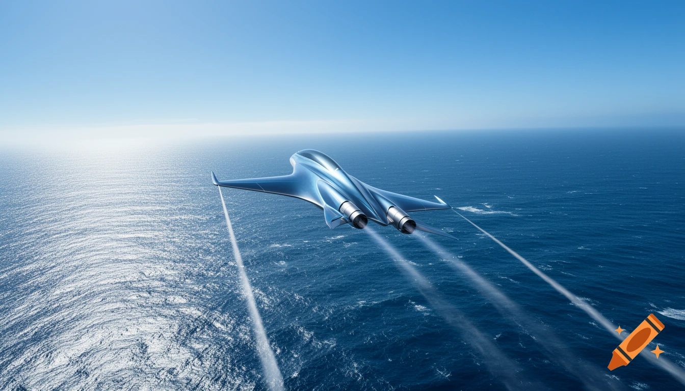 Sleek blue futuristic jet flies over a vast blue ocean under a clear sky, leaving white contrails.