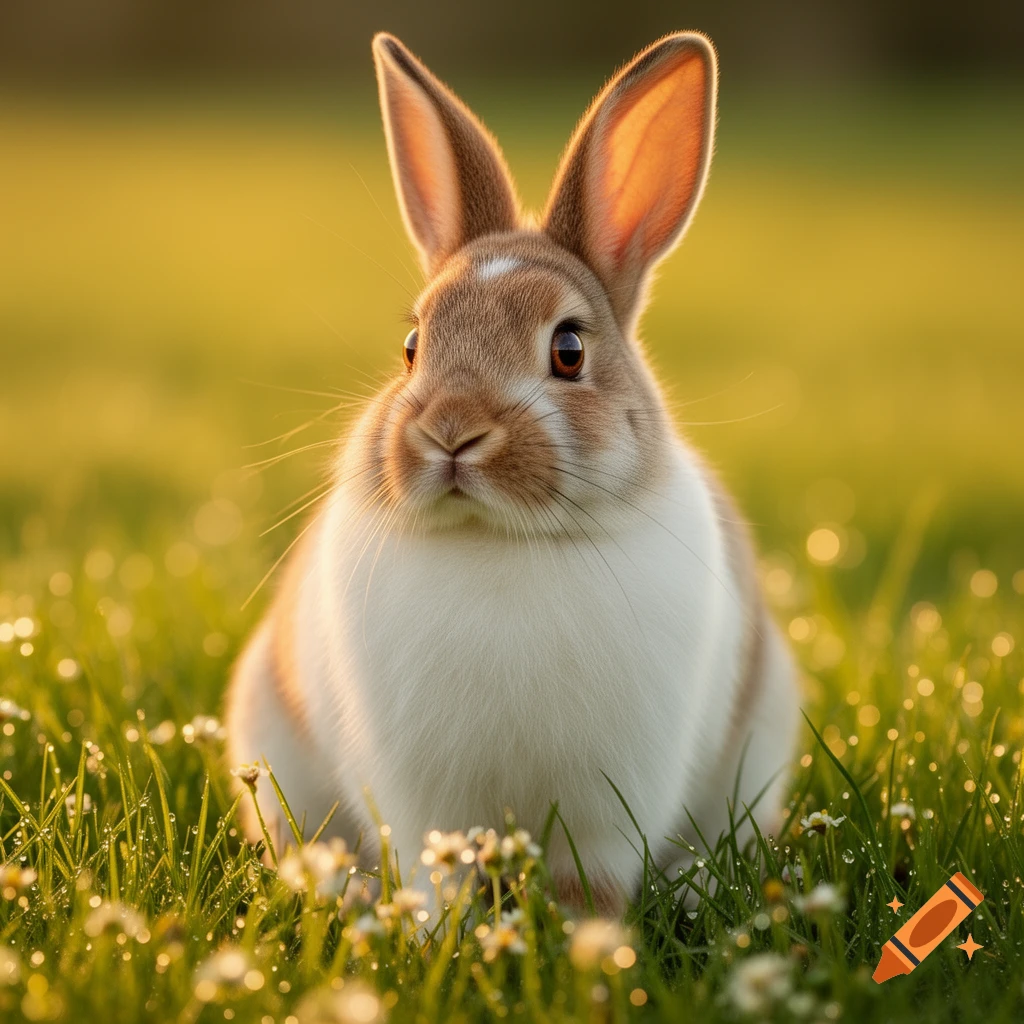 A fluffy brown and white rabbit sits in a lush green field with small ...