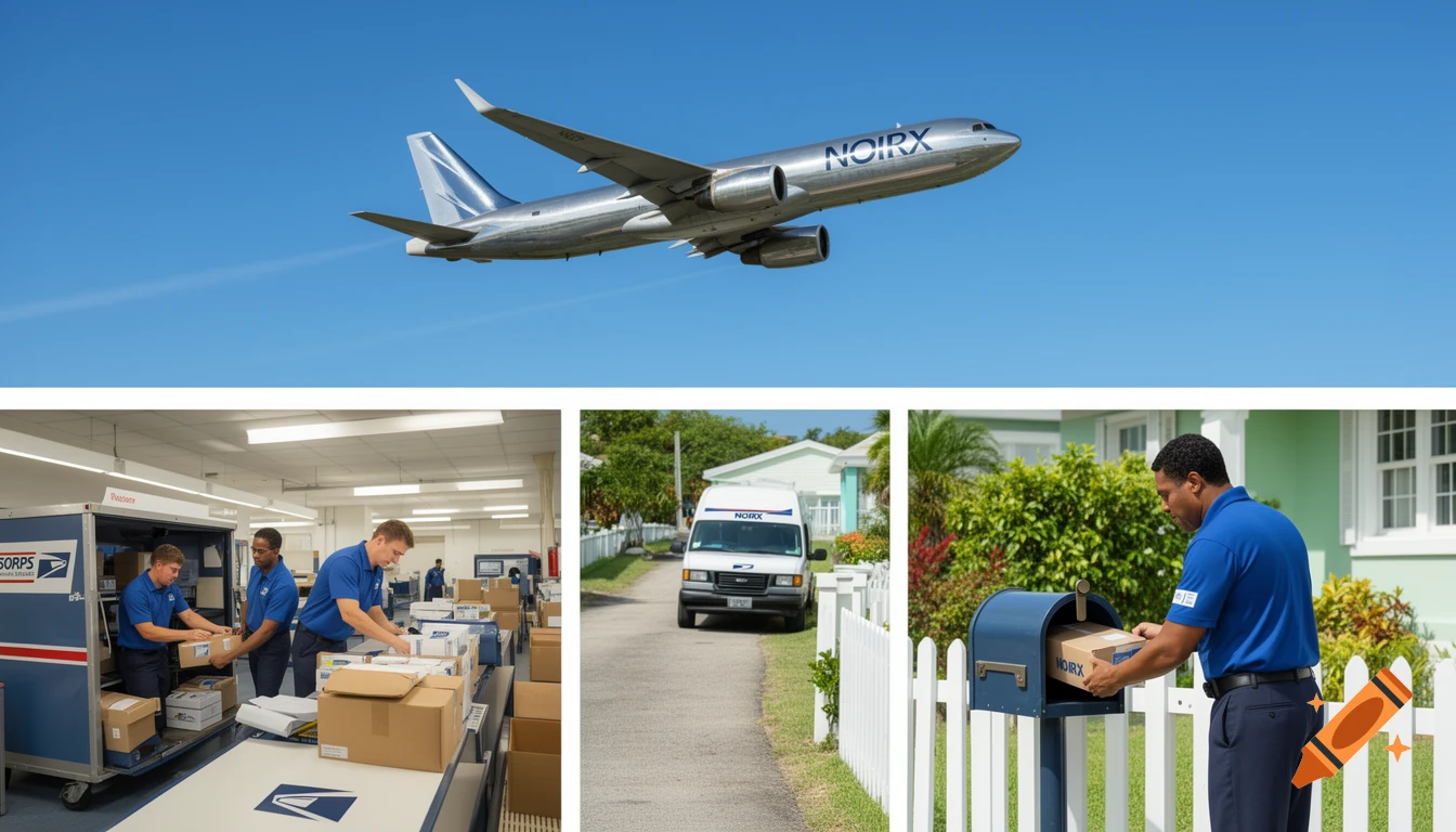 A collage showing a cargo plane, people sorting packages, a delivery van, and a mailman putting a package in a mailbox.