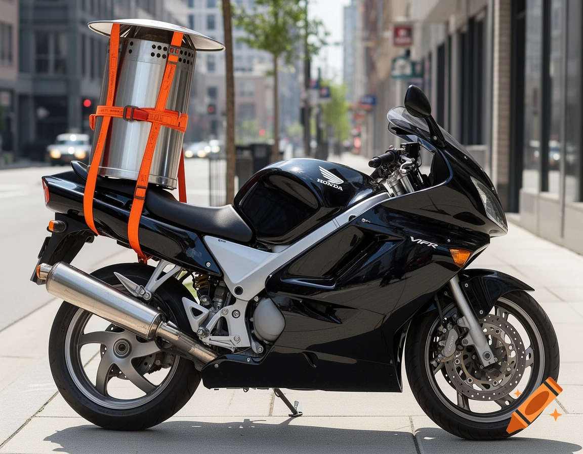 Glossy black Honda VFR motorcycle with a silver patio heater strapped to its rear, parked on a city sidewalk in clear daylight.