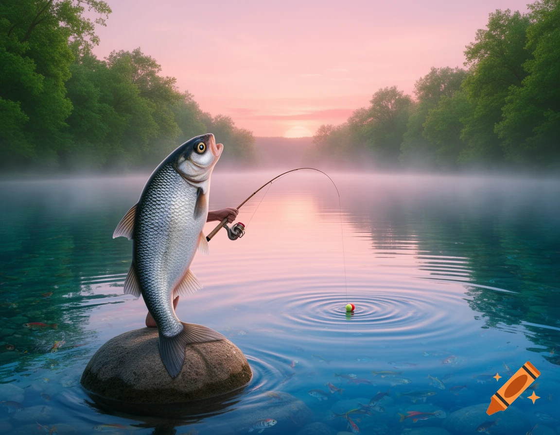 A large fish with human arms stands on a rock in a misty lake, holding a fishing rod with a bobber, under a sunset sky.