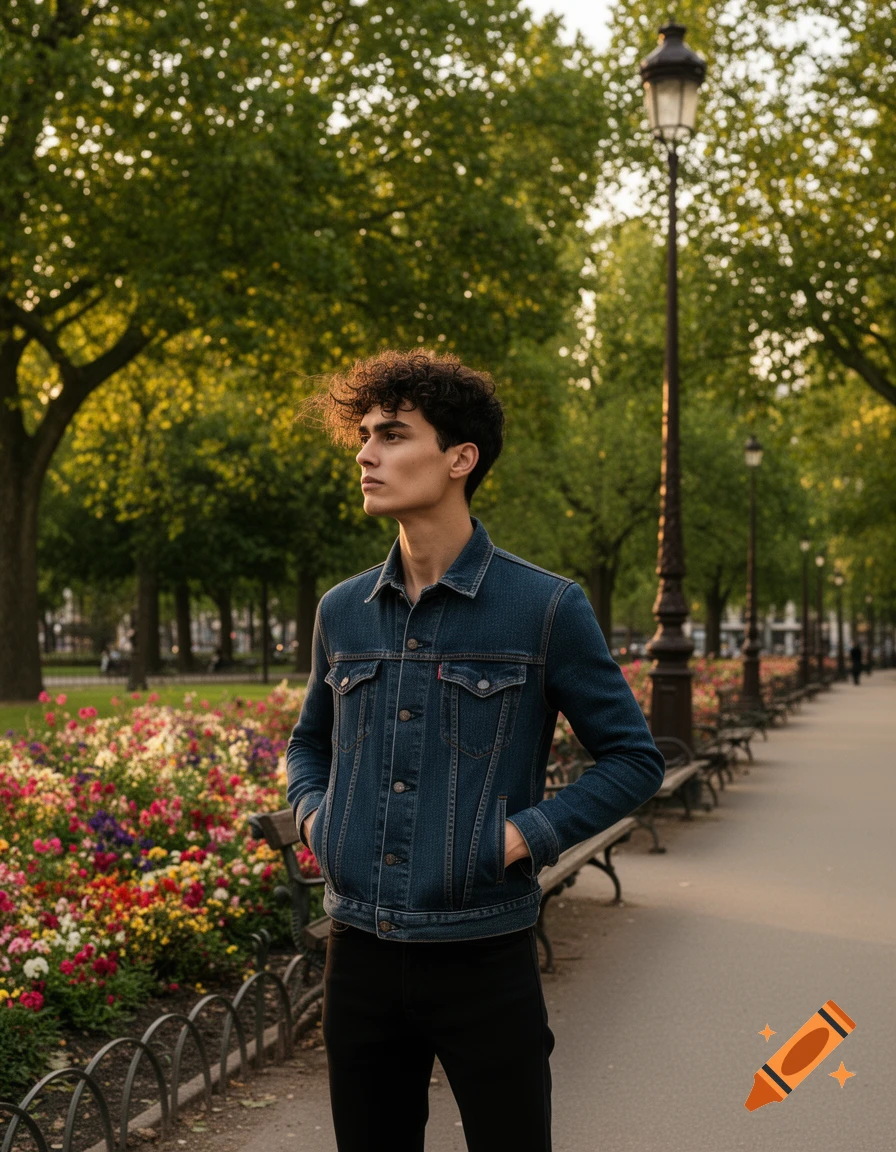 A young man with curly hair wearing a denim jacket and black pants stands looking left in a park lined with trees, streetlights, and colorful flowers.