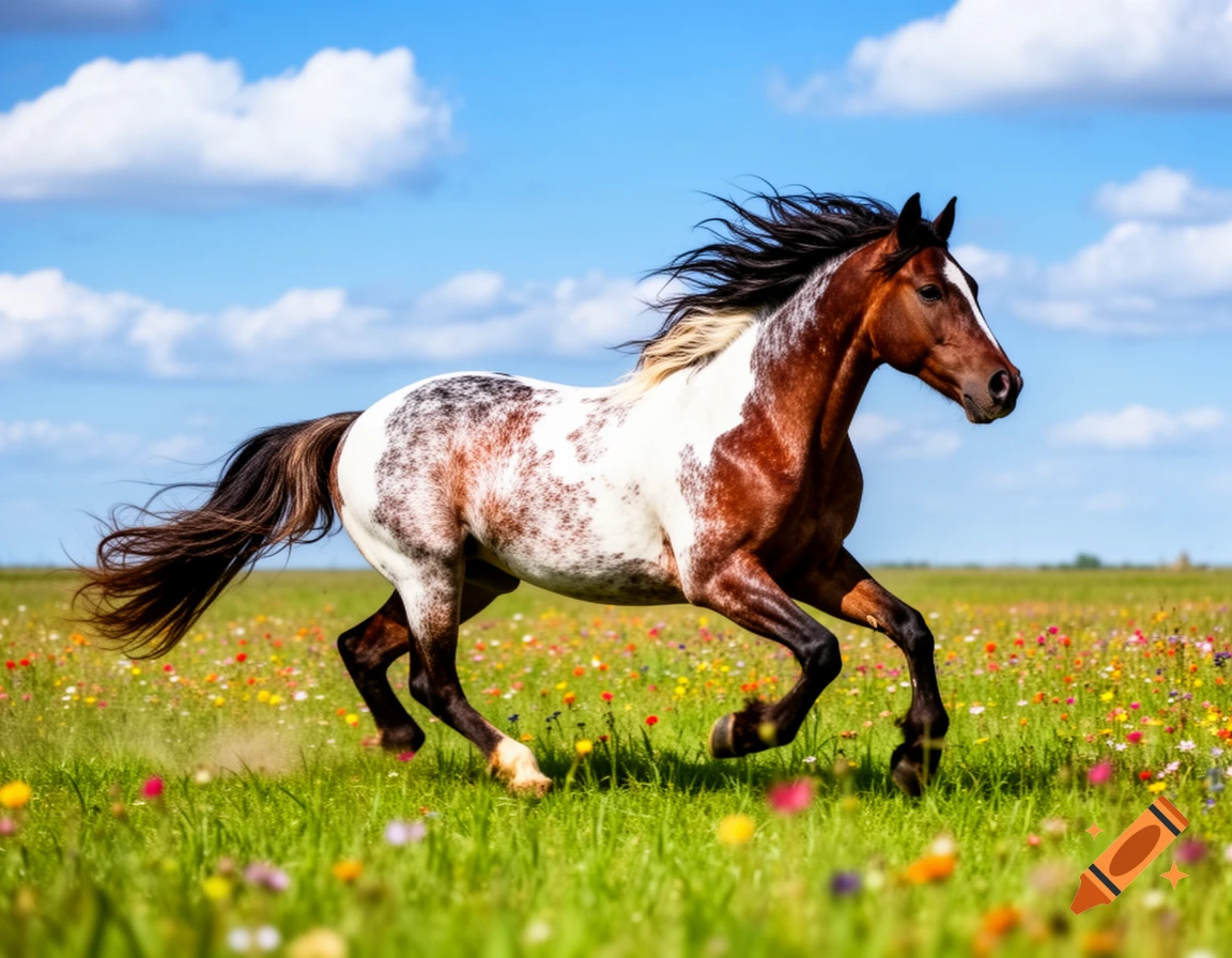 A beautiful American Quarter Horse with a bay roan pinto coat gallops through a vibrant green field of wildflowers under a bright blue sky.