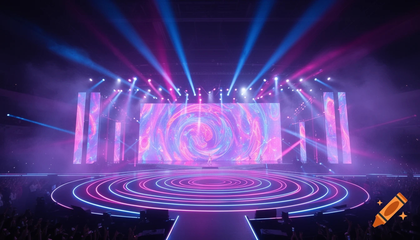 A vibrant concert stage with concentric neon pink and blue light rings, a large screen displaying a swirling psychedelic pattern, and dynamic spotlights.