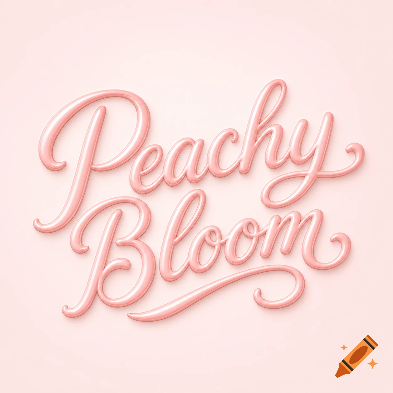Glossy pink 3D cursive text spelling "Peachy Bloom" on a light pink background.