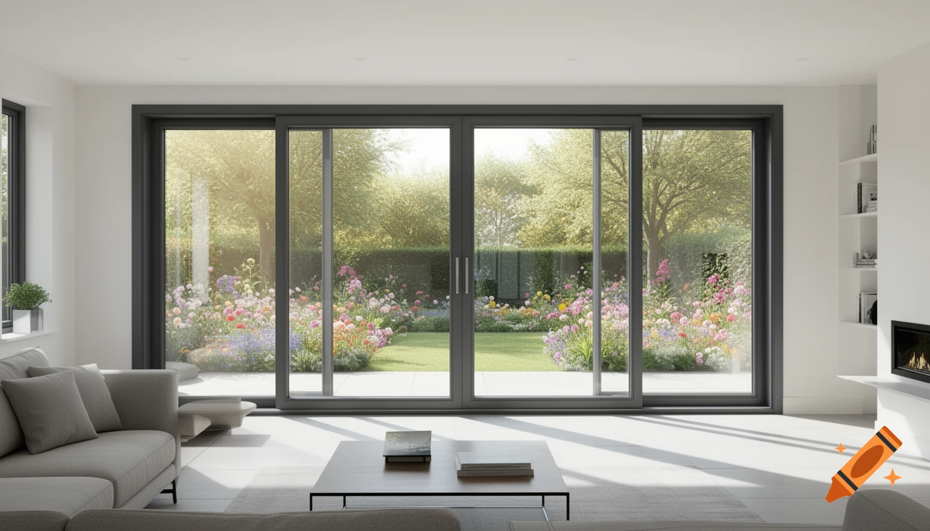 A modern living room with a grey sofa and coffee table, looking out through large sliding glass doors to a vibrant, sunlit garden.