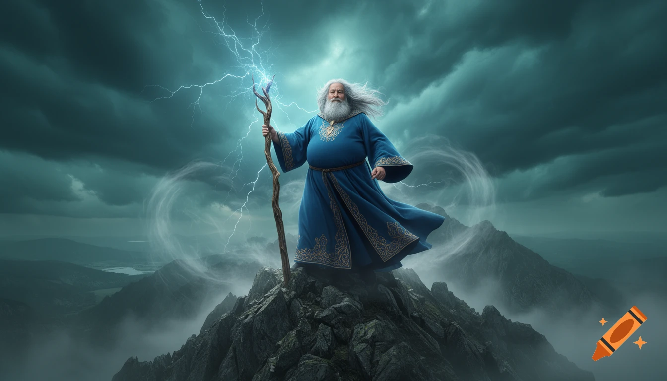 A chubby wizard with a white beard and blue robe stands on a rocky mountain, casting a lightning spell against a stormy, dark sky.