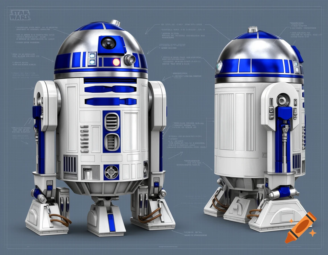 Two R2-D2 droids, in white, blue, and silver, rendered in a schematic blueprint style against a grid background.