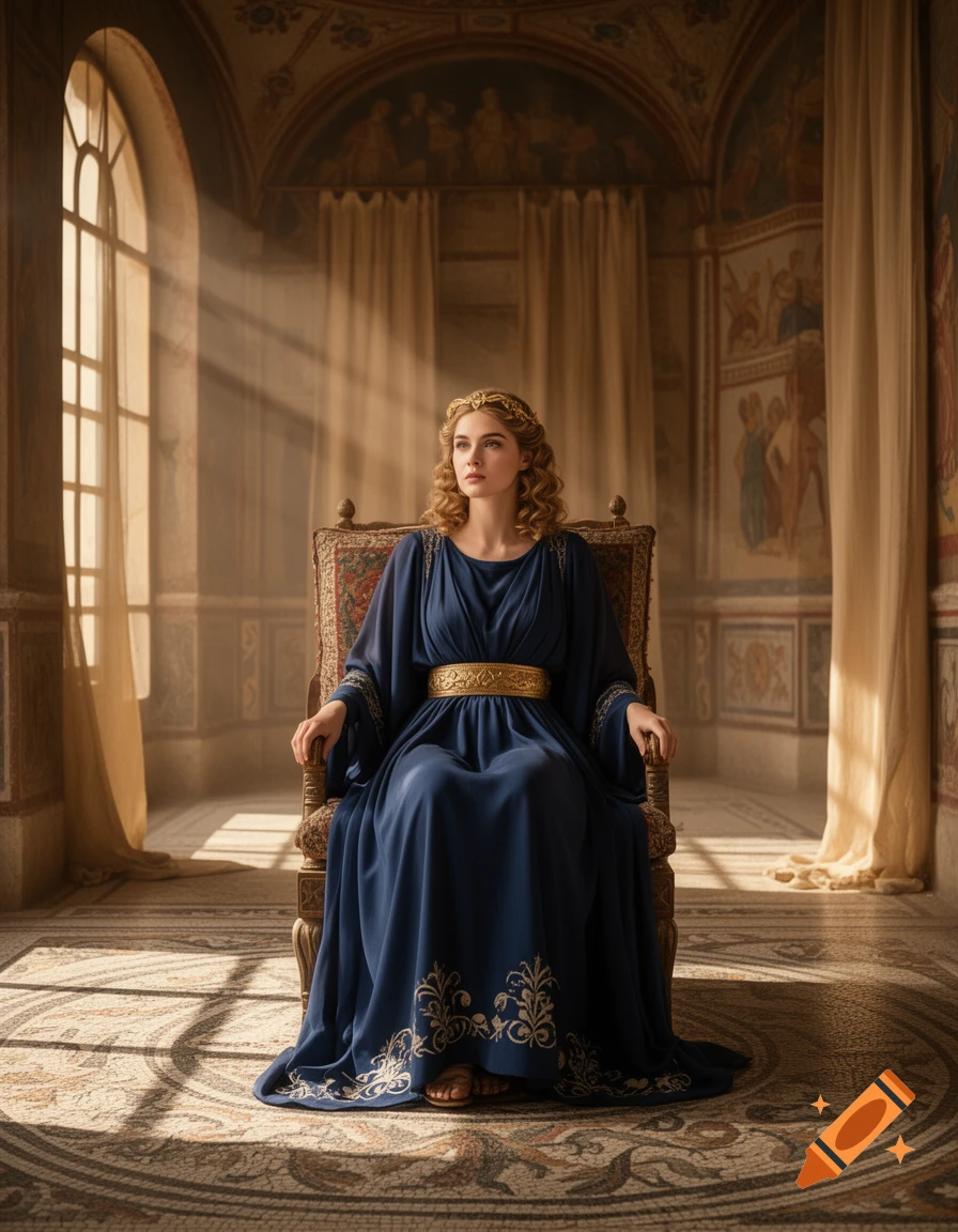 Woman in blue ancient gown and gold crown sits regally on a throne in a sunlit classical room with murals and mosaic floor.