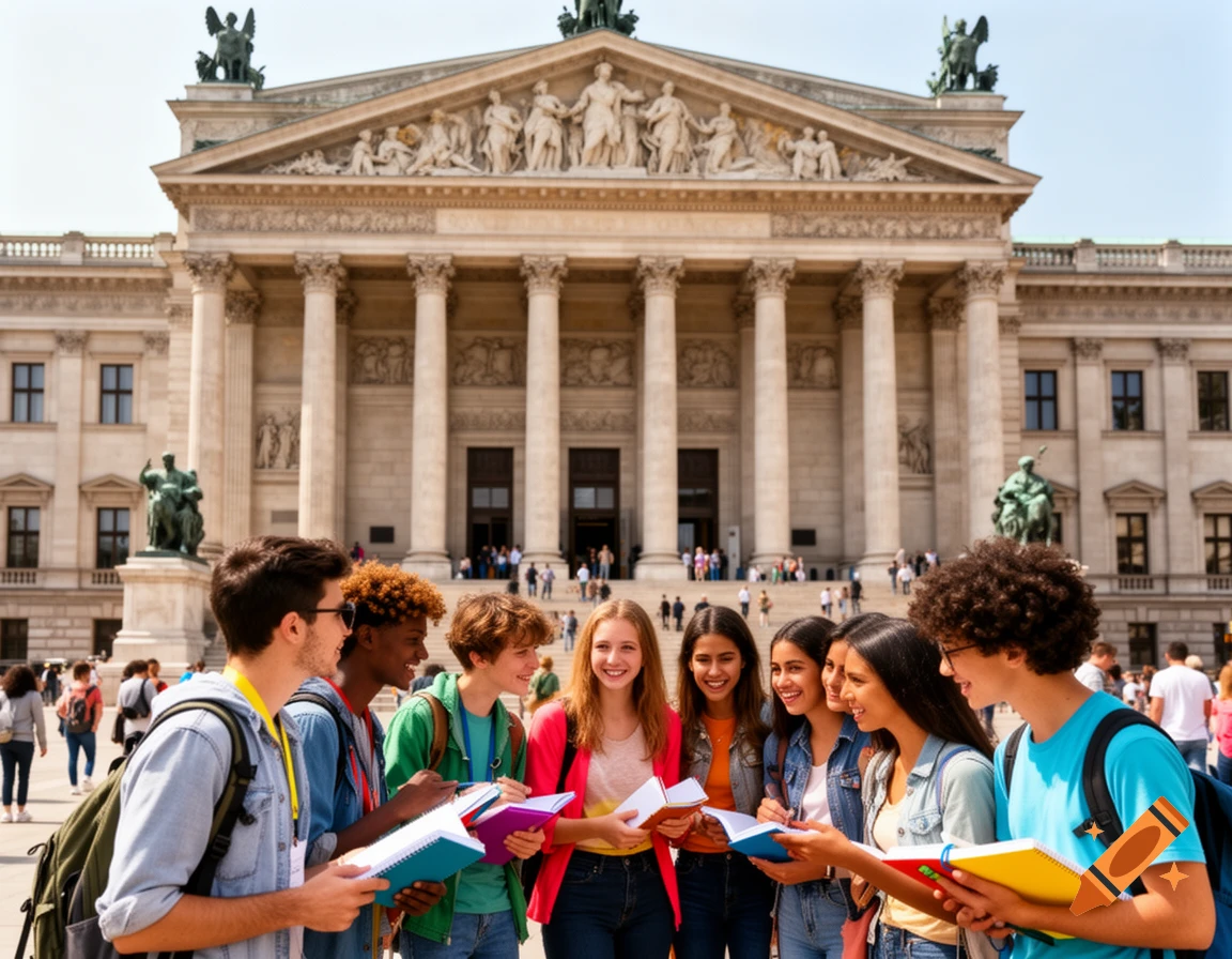 A diverse group of smiling students holding books in front of a grand classical building with columns and statues.