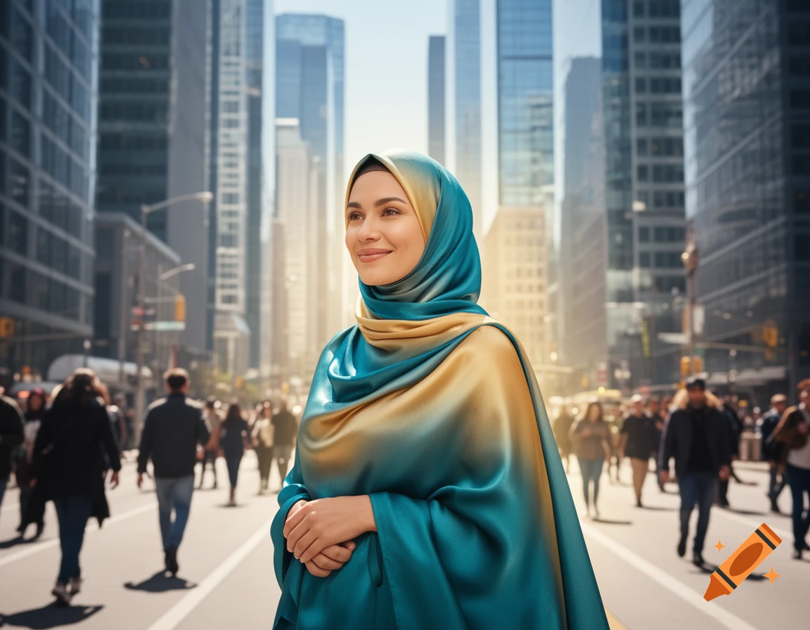 A woman wearing a vibrant blue and gold hijab smiles confidently on a bustling modern city street with tall buildings.