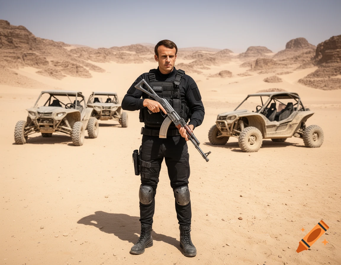 Photorealistic image of Emmanuel Macron in tactical gear holding a rifle in a desert with dune buggies.