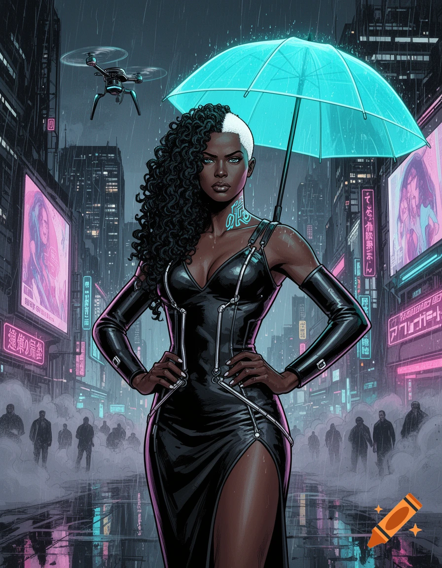 A commanding woman with split-dyed hair in a high-slit black dress stands in a rainy cyberpunk city with neon signs, shielded by a glowing drone-held umbrella, in a graphic novel style.