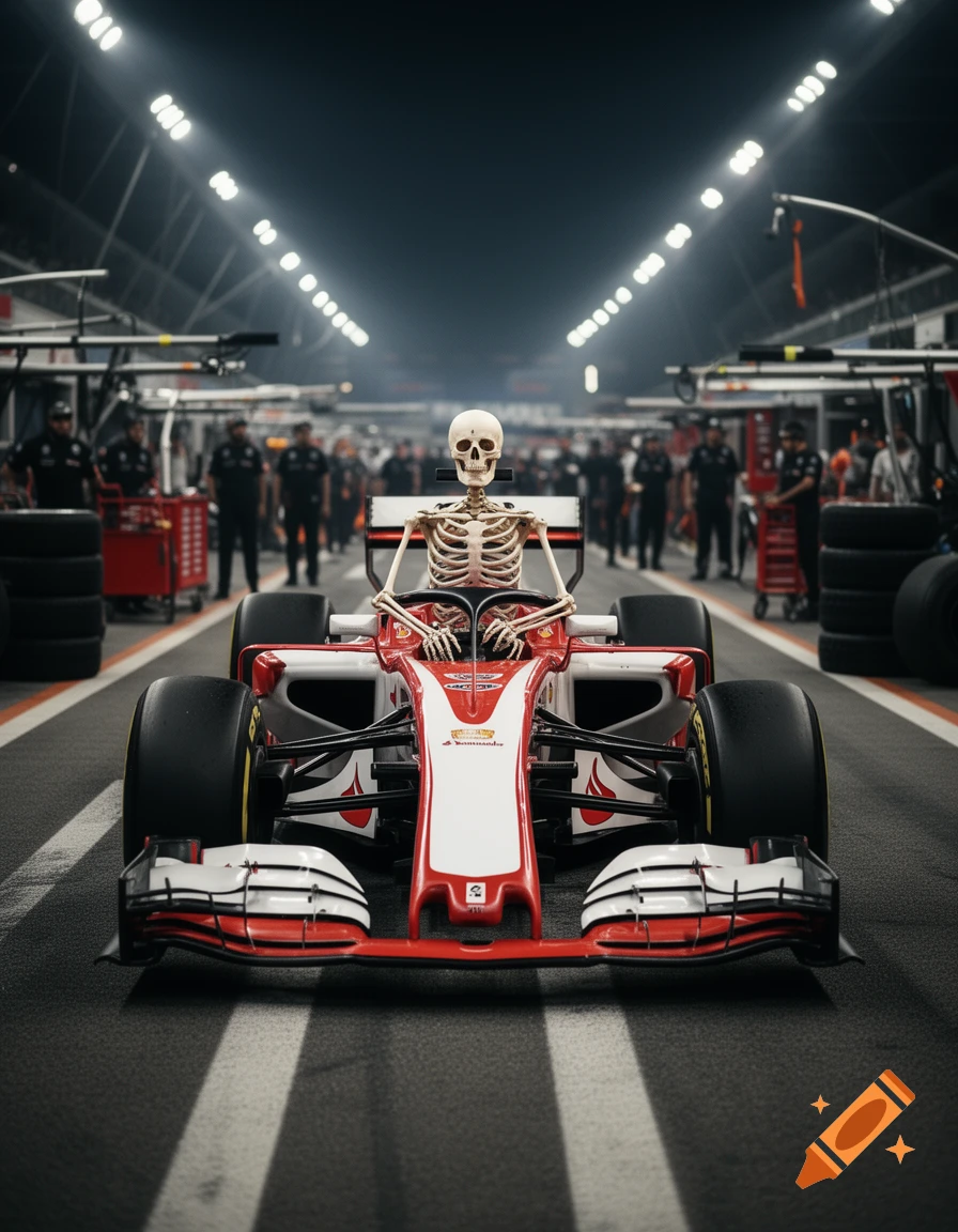 A photorealistic image of a skeleton driving a red and white Formula 1 car on a race track at night.