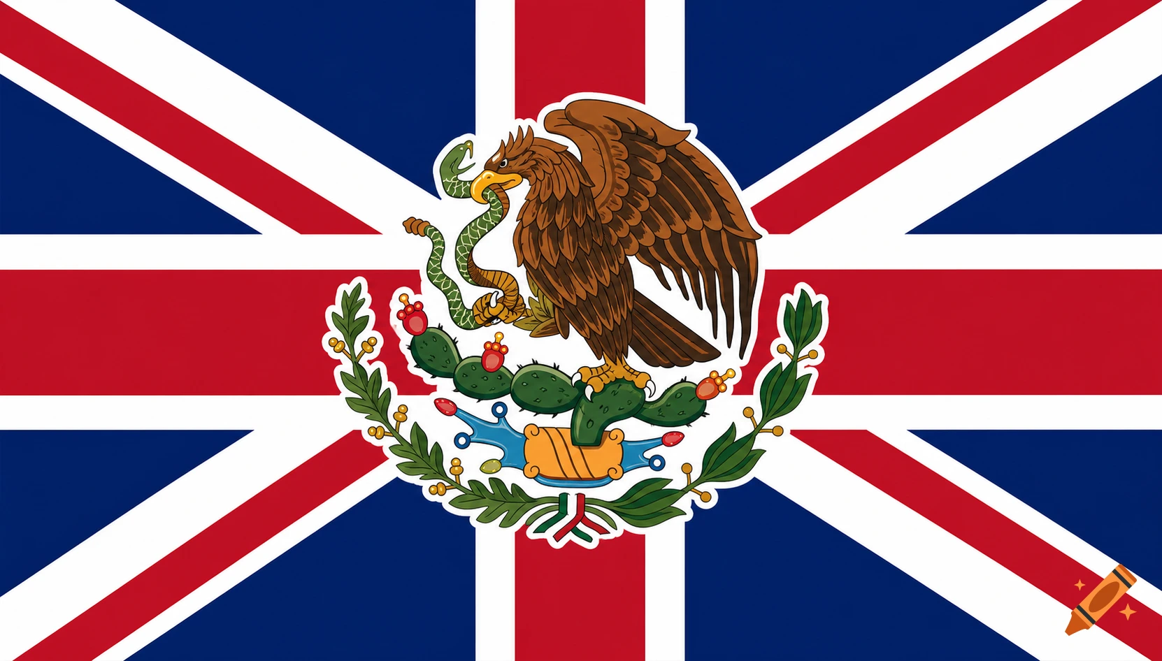 A stylized flag featuring the Union Jack with the Mexican coat of arms at its center.